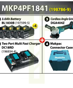 Makita 198786-9 (MKP4PF1841), 1pc 2-Port Charger & 4pcs 3.0AH Batteries & 1pc DGA404Z Power Source Kit