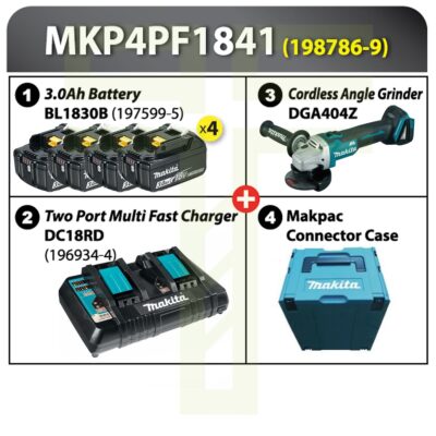 Makita 198786-9 (MKP4PF1841), 1pc 2-Port Charger & 4pcs 3.0AH Batteries & 1pc DGA404Z Power Source Kit