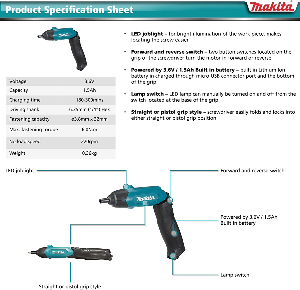 Makita DF001DW, In-Line Screwdriver | A.C.T.