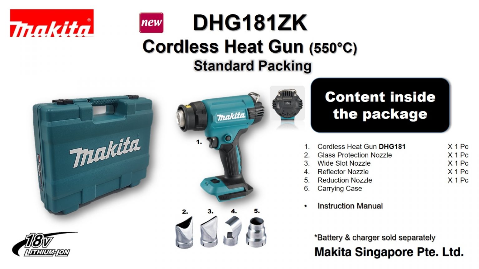 Makita DHG181ZK, 18V Cordless Heat Gun 550°C with 6 Temperature