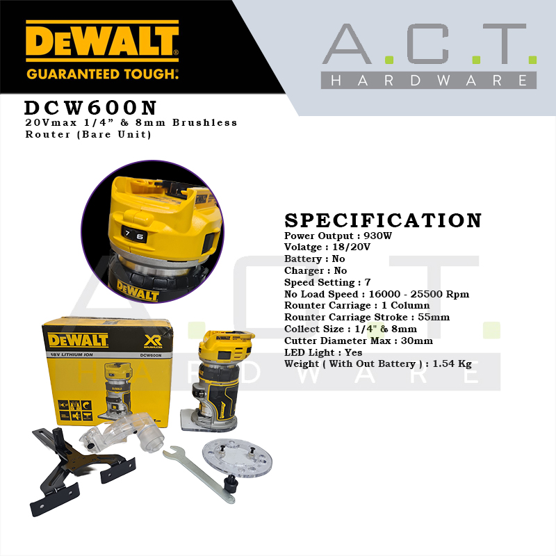 Dewalt DCW600N, 20Vmax 1/4" & 8mm Router (Bare Unit) | A.C.T.