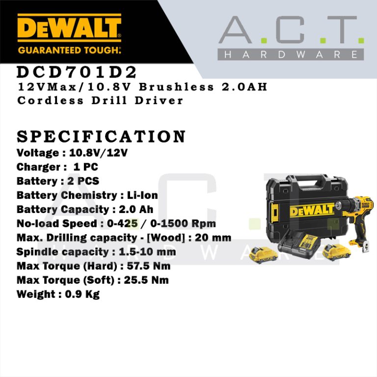 Dewalt DCD701D2, 12V/10.8V Cordless Drill Driver 2.0AH Brushless | A.C ...