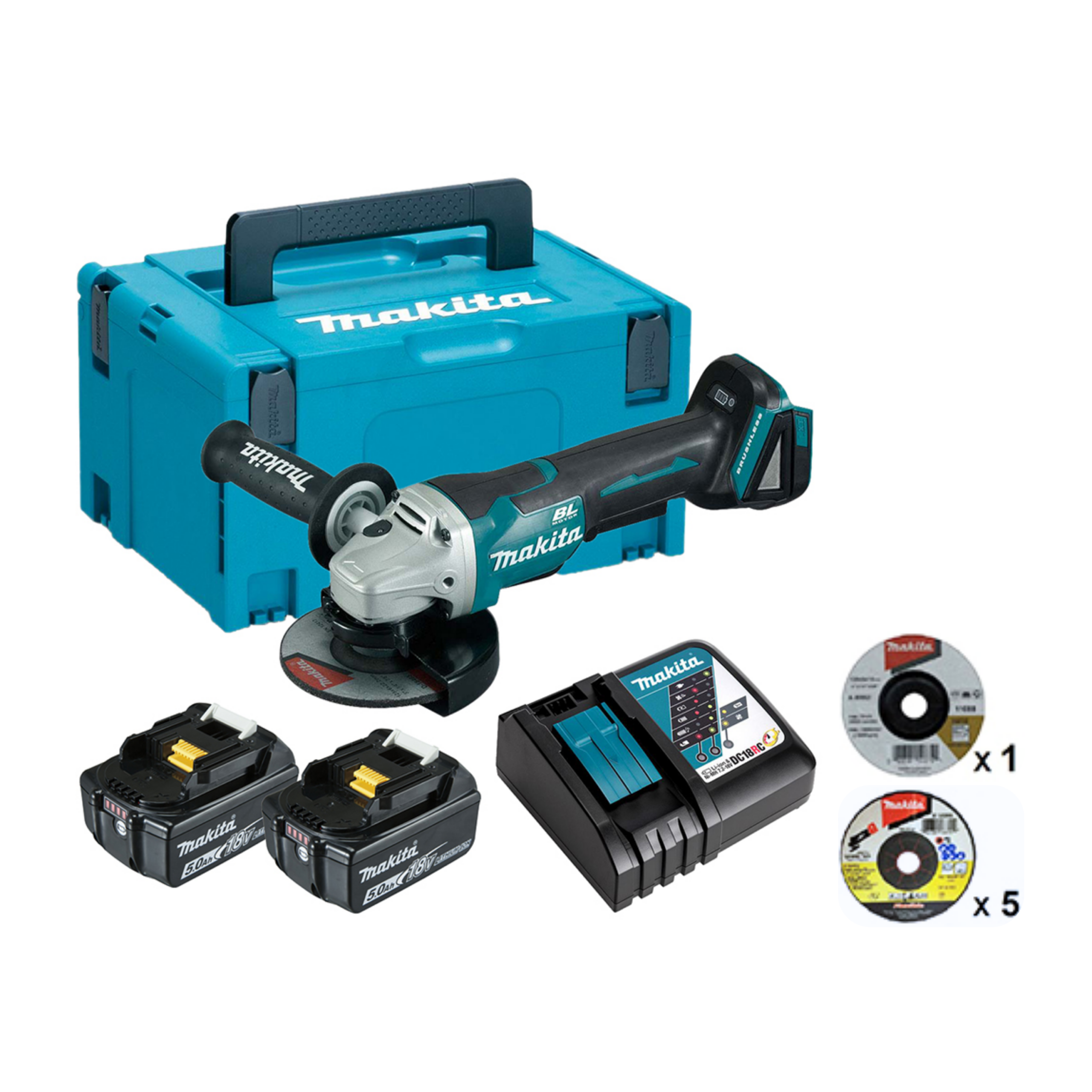 MAKITA DGA408RTJ1, 18V LXT CORDLESS BL 100MM (4") ANGLE GRINDER SET