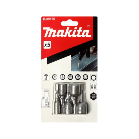 Makita 5PC Magnetic Nutsetter Set, 1/4" Hex Shank, 6- 13MM Socket Size, E-Form, 50MM Length, B-39176