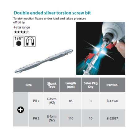 MAKITA 10PCS MAGNETIC DOUBLE ENDED SILVER TORSION SCREW BITS SET, PH 2, 1/4 HEX SHANK (E-FORM, NZ), 110MM, B-52037 - Image 3