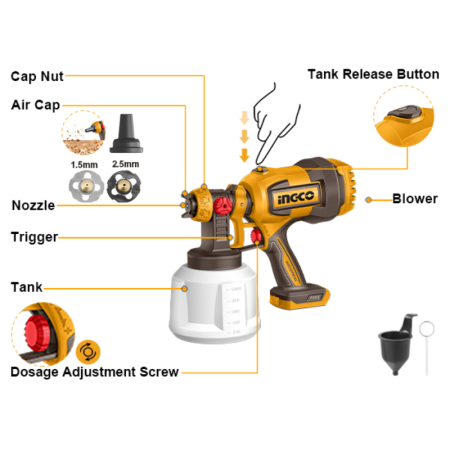 INGCO CSGLI2004, 20V LI-ION CORDLESS PAINT SPRAY GUN (BARE TOOL ONLY) - Image 2
