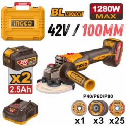 INGCO CAGLI4128102, 42V Cordless Angle Grinder Set, 100MM (4"), Slide Switch Type, With Accessories Set