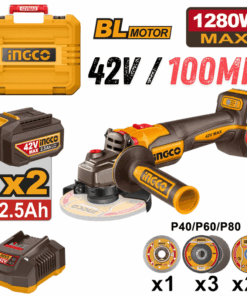 INGCO CAGLI4128102, 42V Cordless Angle Grinder Set, 100MM (4"), Slide Switch Type, With Accessories Set