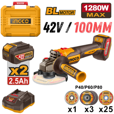 INGCO CAGLI4128102, 42V Cordless Angle Grinder Set, 100MM (4"), Slide Switch Type