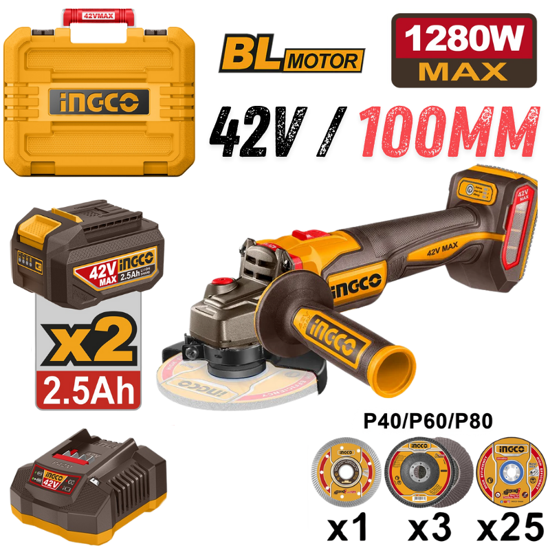 INGCO CAGLI4128102, 42V Cordless Angle Grinder Set, 100MM (4"), Slide Switch Type