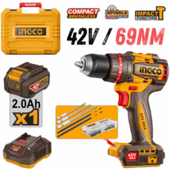 INGCO CIDLI426981, 42V Compact Brushless Cordless Impact Drill Set, 69Nm, 13MM Chuck Size, Hammer Drill With Accessories Set