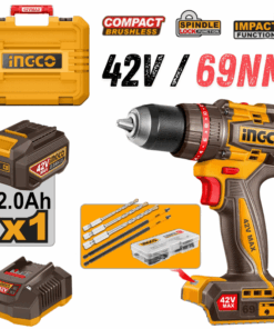 INGCO CIDLI426981, 42V Compact Brushless Cordless Impact Drill Set, 69Nm, 13MM Chuck Size, Hammer Drill With Accessories Set