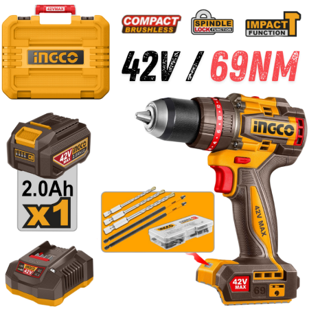 INGCO CIDLI426981, 42V Compact Brushless Cordless Impact Drill Set, 69Nm, 13MM Chuck Size, Hammer Drill