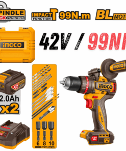 INGCO CIDLI429982, 42V Compact Brushless Cordless Impact Drill Set, 99Nm, 13MM Chuck Size, Hammer Drill With Accessories Set