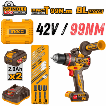 INGCO CIDLI429982, 42V Compact Brushless Cordless Impact Drill Set, 99Nm, 13MM Chuck Size, Hammer Drill With Accessories Set