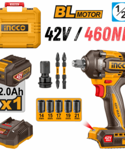 INGCO CIWLI42461, 42V Compact Brushless Cordless 1/2" Impact Wrench Set, 460Nm, With Accessories Set