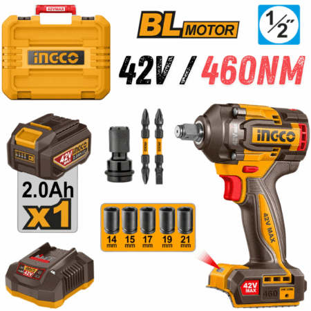 INGCO CIWLI42461, 42V Compact Brushless Cordless 1/2" Impact Wrench Set, 460Nm, With Accessories Set