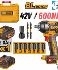 INGCO CIWLI42602, 42V Compact Brushless Cordless 1/2" Impact Wrench Set, 600Nm, With Accessories Set