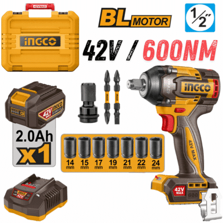 INGCO CIWLI42602, 42V Compact Brushless Cordless 1/2" Impact Wrench Set, 600Nm, With Accessories Set