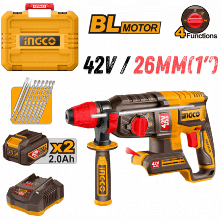 INGCO CRHLI422682, 42V Compact Brushless Cordless Rotary Hammer Set, 26MM, With Accessories Set