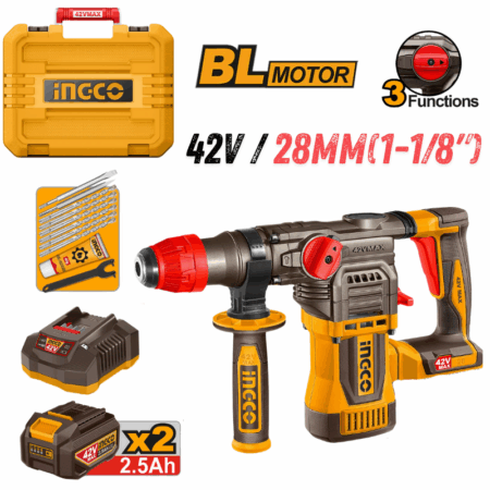 INGCO CRHLI422882, 42V Brushless SDS-PLUS Cordless Rotary Hammer Set, 28MM, With Accessories Set