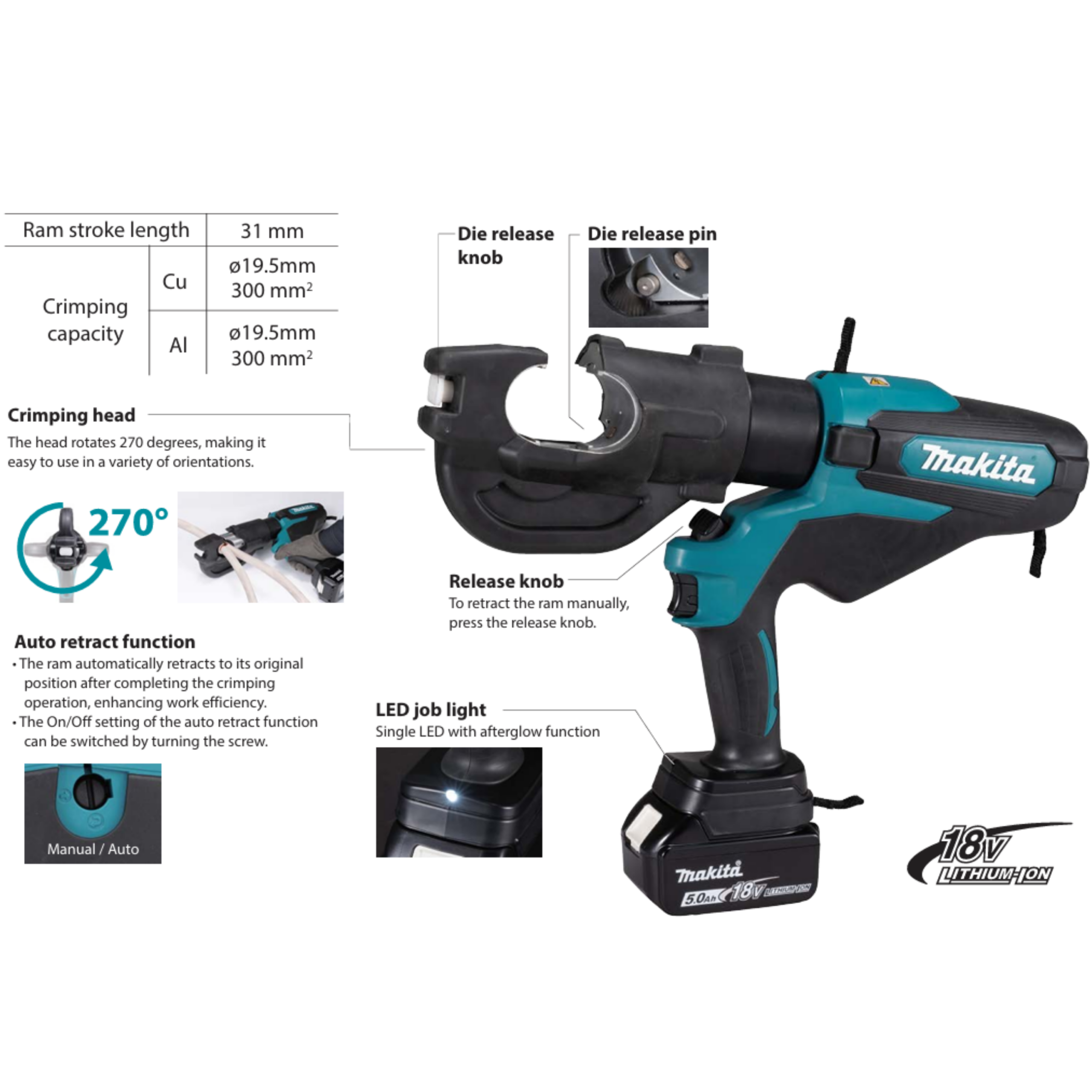 MAKITA DTC301ZK, 18V CORDLESS CABLE CRIMPER (BARE UNIT) - Image 2