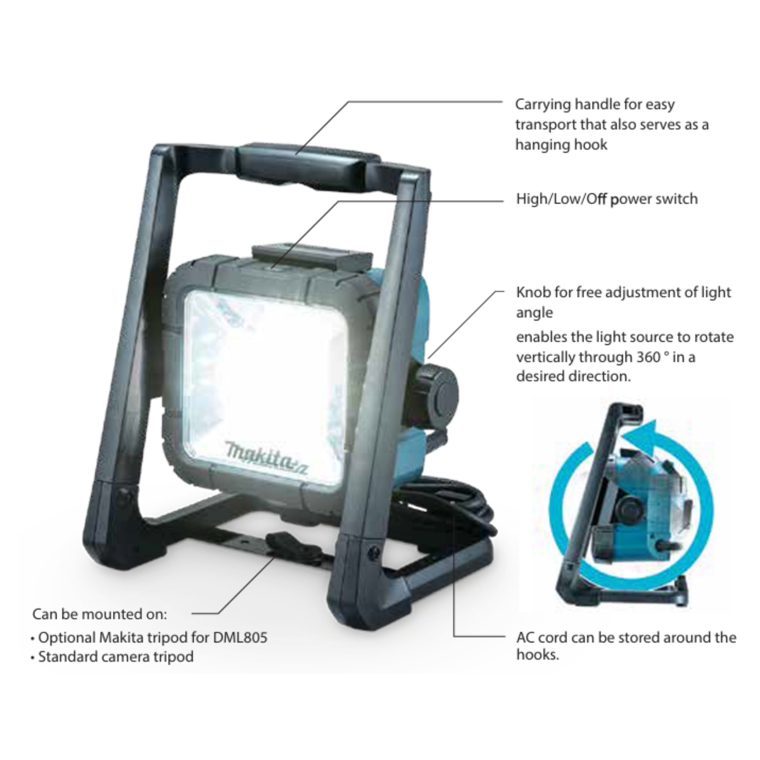 MAKITA DML805, 220V CORDED AND 18V CORDLESS LED WORKLIGHT, 750 LUMENS - Image 4