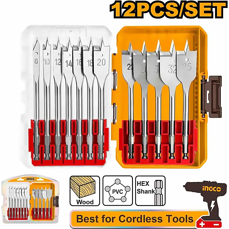 INGCO 12PCS FLAT WOOD DRILL BITS SET AKDL1206