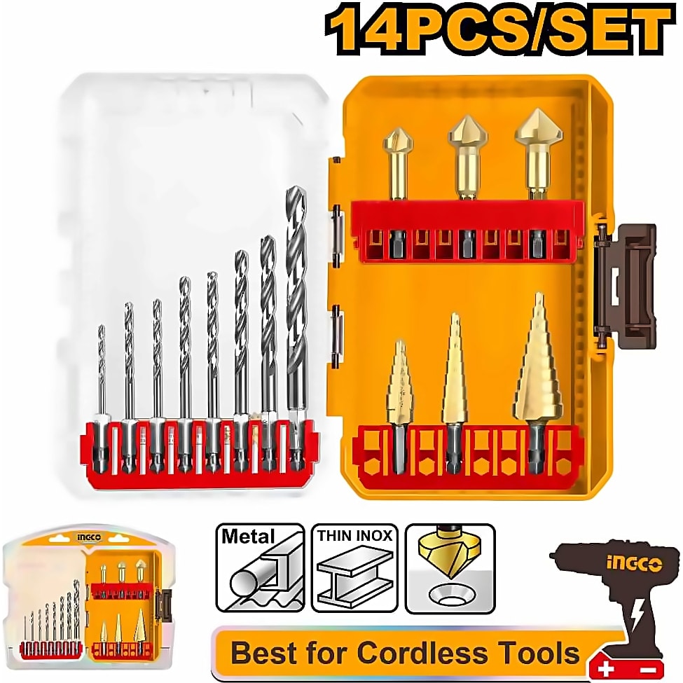 INGCO 14PCS 8XHSS DRILLS+3XSTEP DRILLS+3XCOUNTERSINK BITS SET AKDL61401