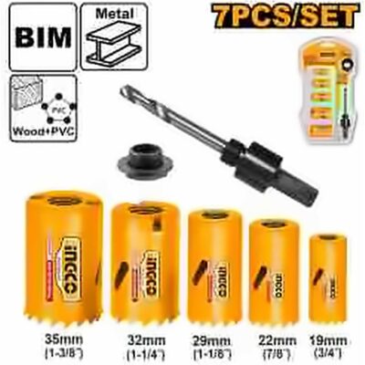 INGCO 7PCS BI-METAL HOLE SAW 19,22,29,32,35+ARBOR SET AKH0071