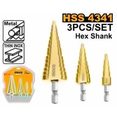 INGCO 3PC HSS STEP DRILL SET 4-12, 4-20, 4-32MM HEX SHANK AKSDS80402