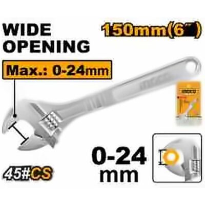 INGCO WIDE OPENING ADJUSTABLE WRENCH 6" (150MM) CR-V HADW131062
