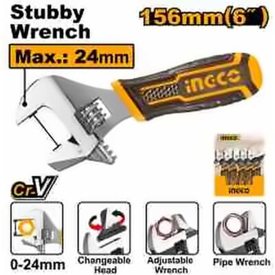 INGCO 2 IN 1 STUBBY ADJUSTABLE WRENCH 156MM 6" HADWS088