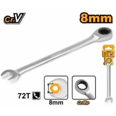 INGCO RATCHET SPANNER 8MM CR-V CHROME PLATED HCSPAR081