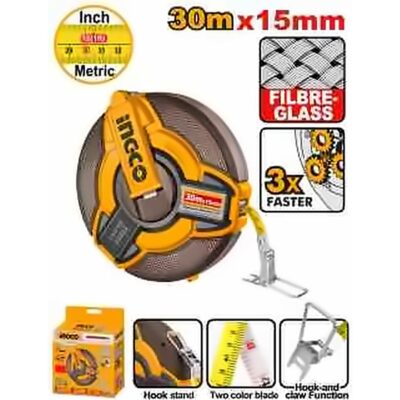 INGCO FIBERGLASS MEASURING TAPE 30M/100FT 15MM BLADE WIDTH HFMT1830