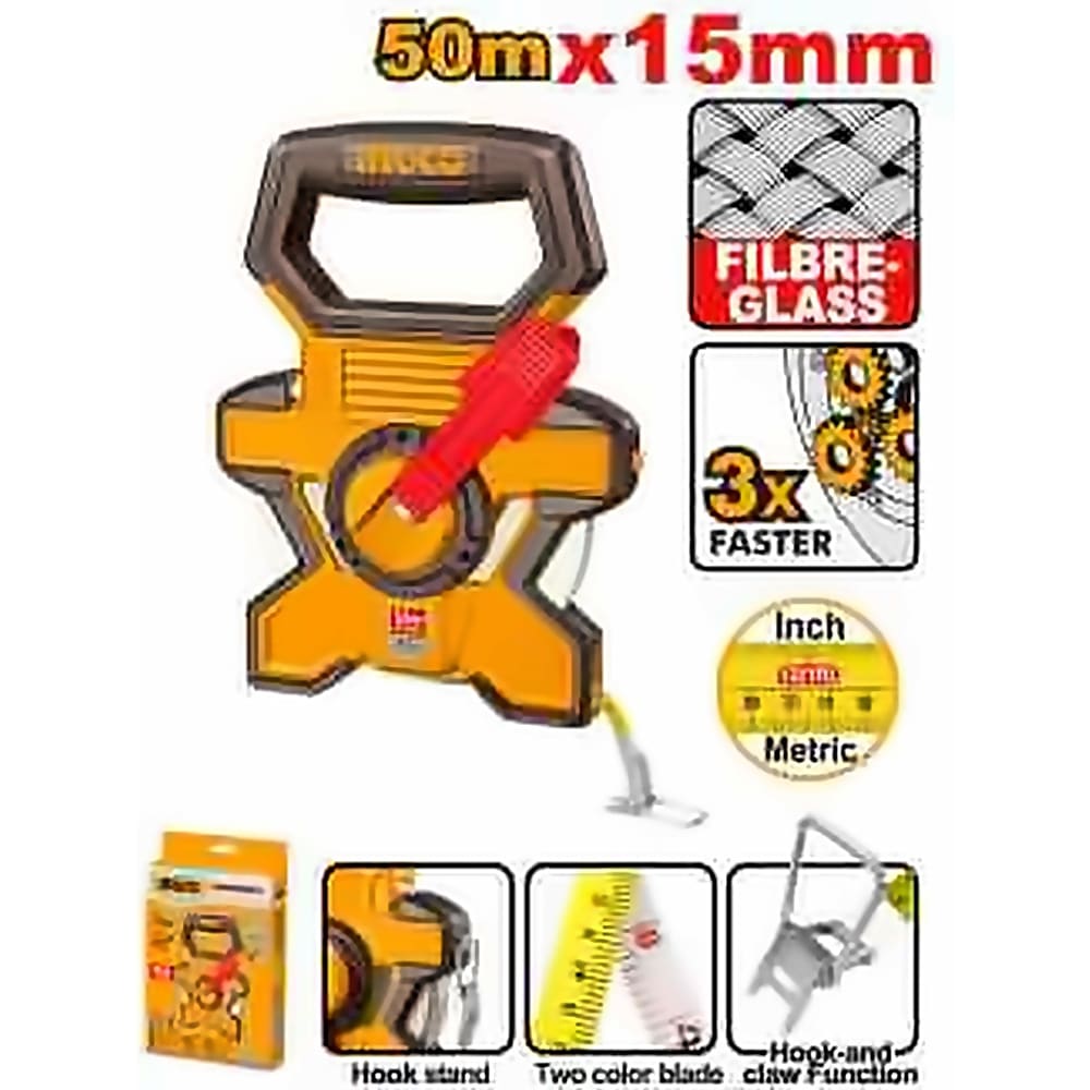 INGCO FIBERGLASS MEASURING TAPE 50M/165FT 15MM BLADE WIDTH HFMT1850