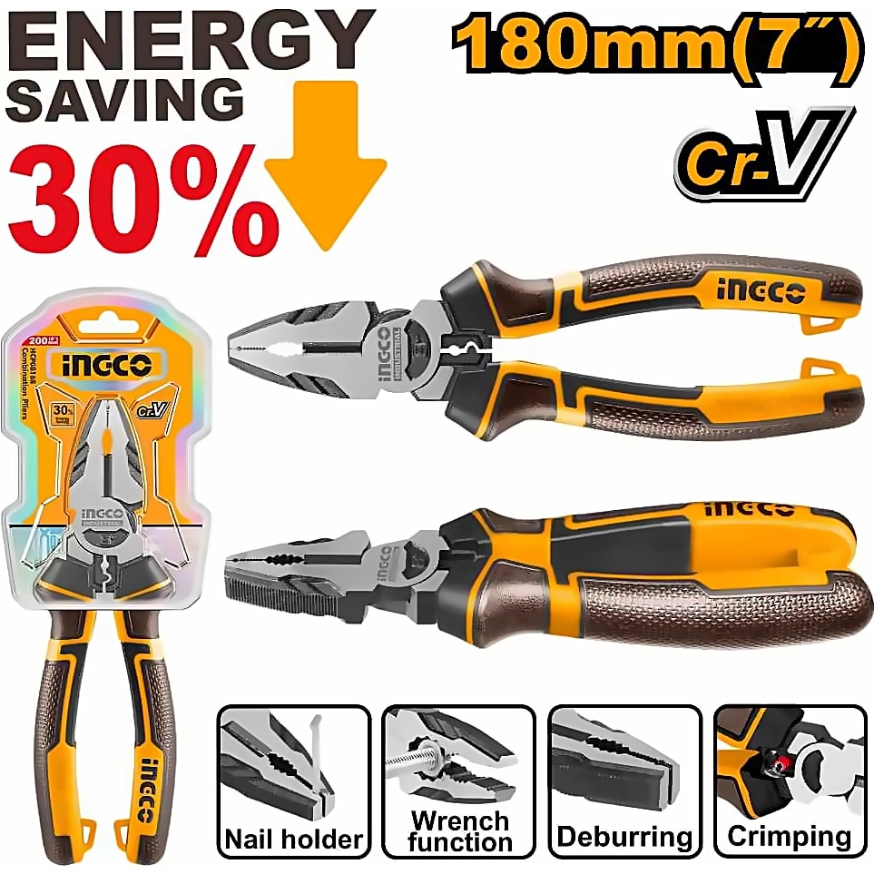 INGCO HIGH LEVERAGE CR-V COMBINATION PLIERS BLACK POLISHED 7"/180MM HHCP28180