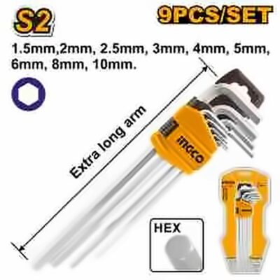 INGCO 9PCS EXTRA LONG ARM HEX KEY(1.5-10MM) SET HHK11092