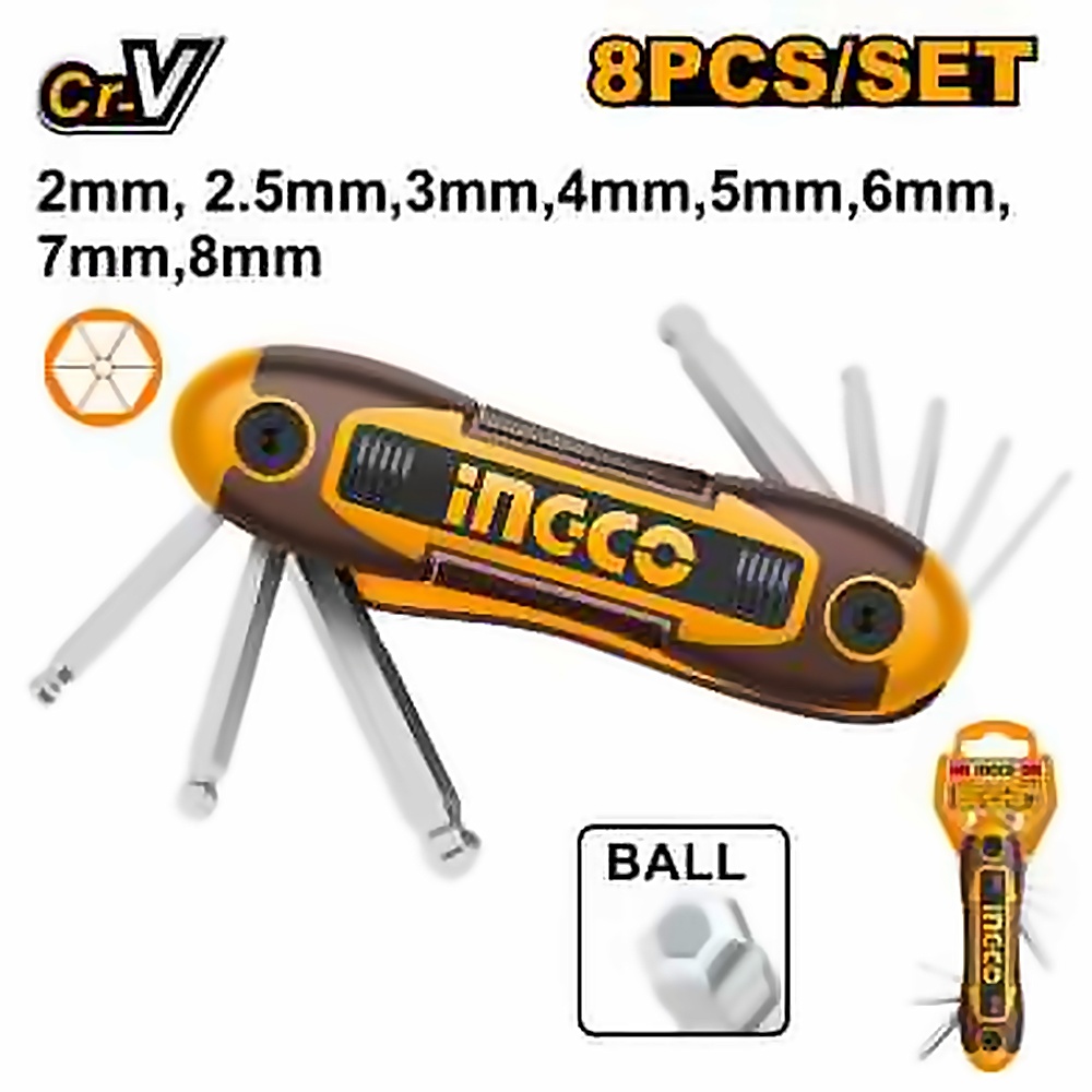 INGCO 8PCS FOLDABLE BALL POINT HEX KEY SET(2-8MM) HHK14082
