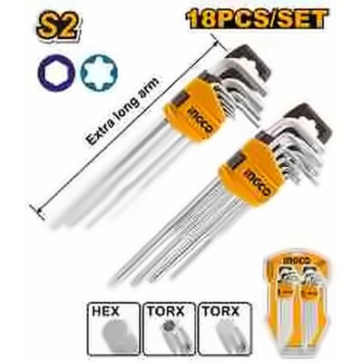 INGCO 18PCS EXTRA LONG HEX KEY(1.5-10MM) & TORX KEY(T10-T50) SET HHKSET0181