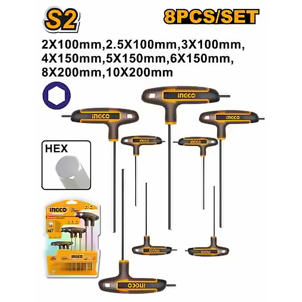 INGCO 8PCS T-HANDLE HEX KEY SET(2-10MM) HHKT80818