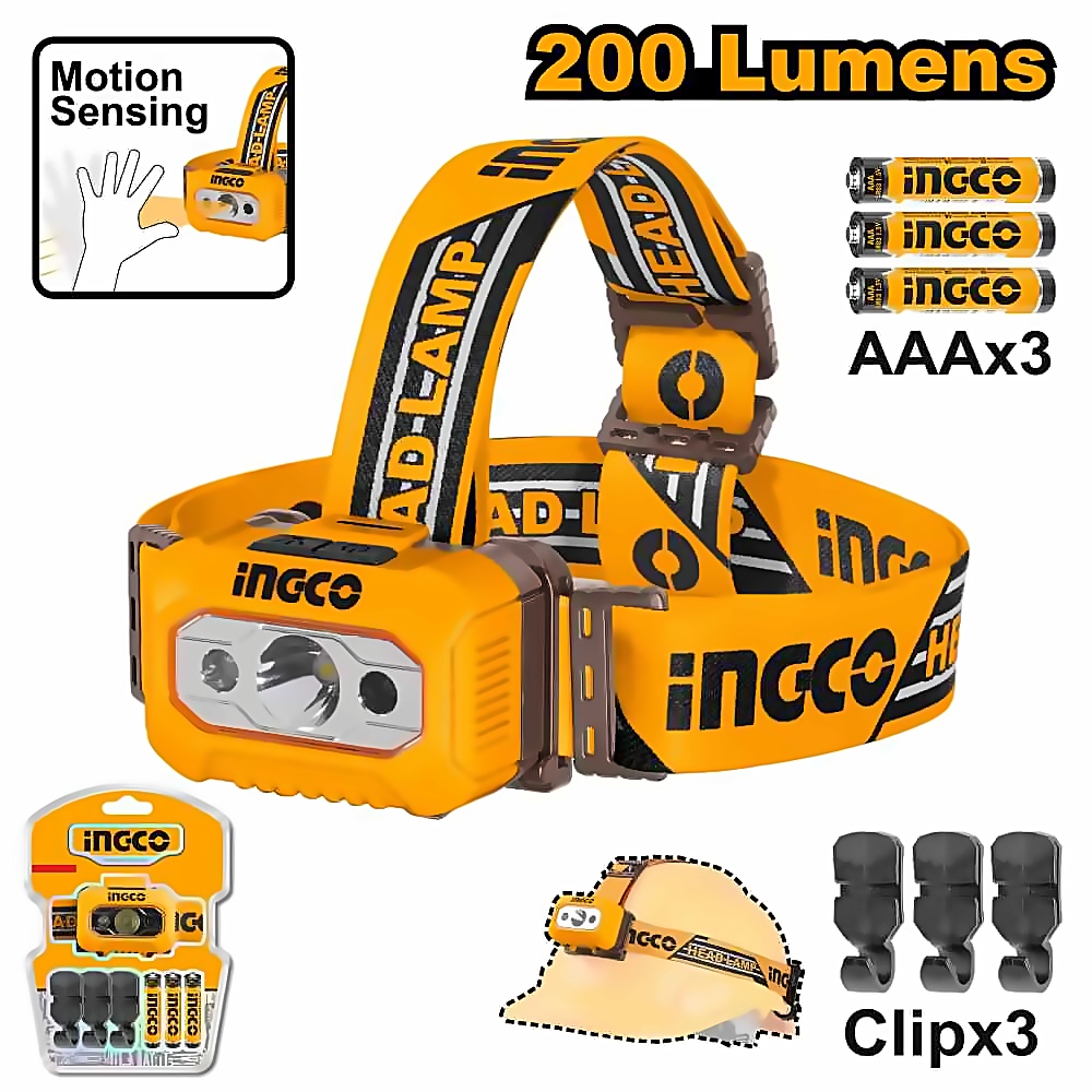 INGCO IPX4 RAIN RESISTANT HEAD LAMP 200 LUMENS MAX. HHL013AAA8