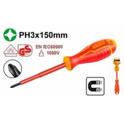 INGCO INSULATED PHILLIPS SCREWDRIVER PH3X150MM VDE 1000V HISD81PH3150