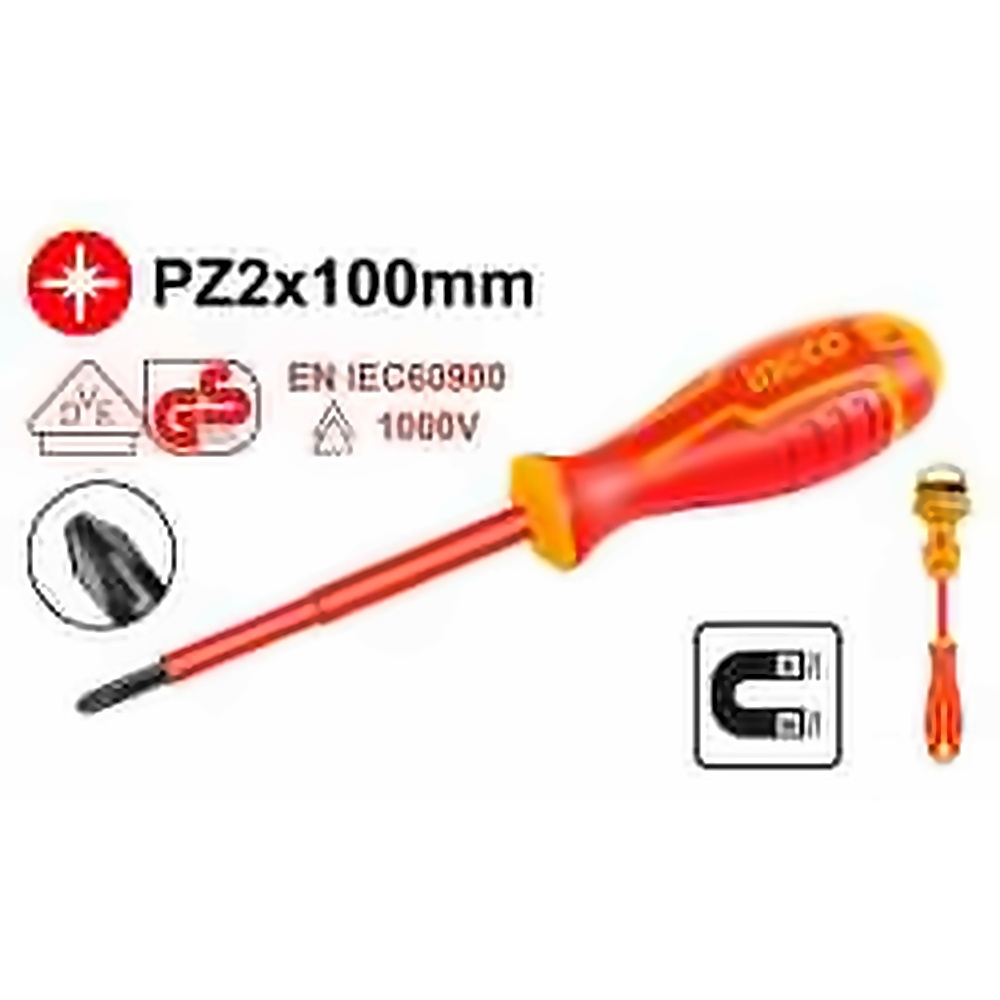 INGCO INSULATED POZIDRIV SCREWDRIVER PZ2X100MM VDE 1000V HISD81PZ2100
