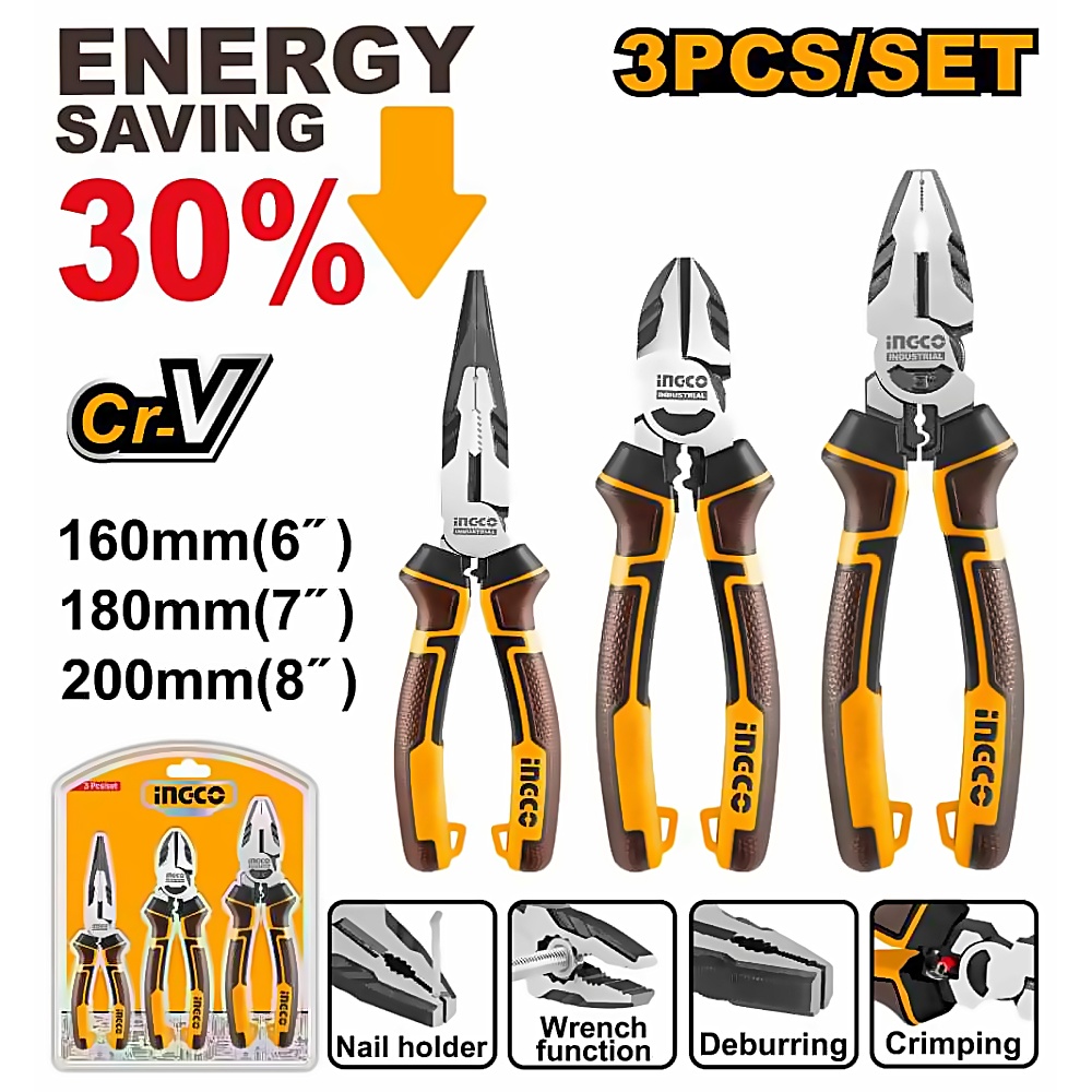 INGCO 3PCS HIGH LEVERAGE CR.V PLIER SET HKHLPS2831