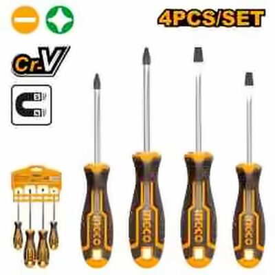 INGCO 4PCS SCREWDRIVER SET MAGNETIC TIP 2PCS (-) & 2PCS (+) HKSD0428