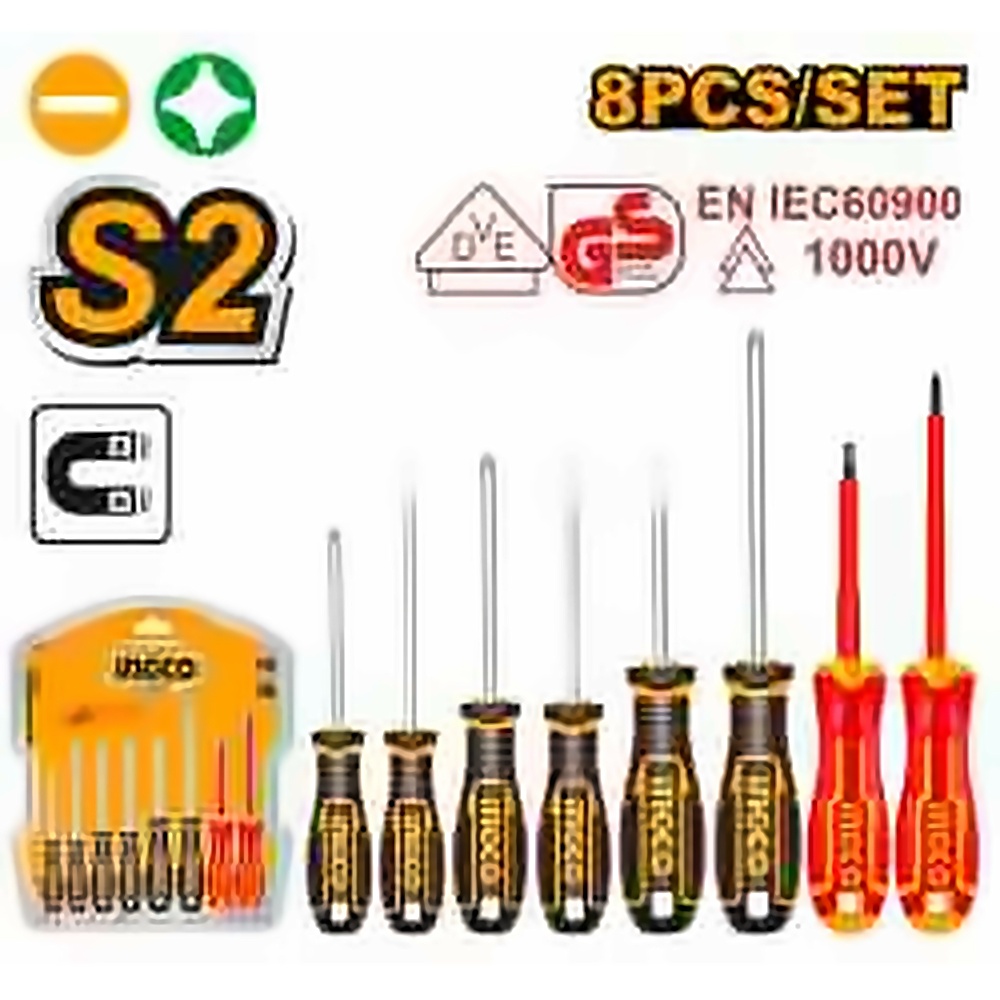 INGCO 8PCS (6+2 VDE) SCREWDRIVER SET MAGNETIC TIP HKSDS0838