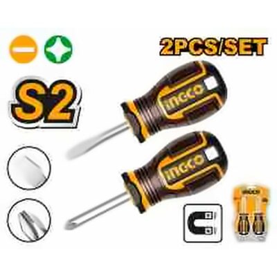 INGCO 2PCS STUBBY MAGNETIC TIP SCREWDRIVER SET (-) & (+) 38MM HKSDS2228