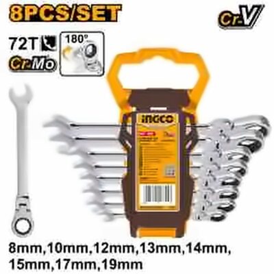 INGCO 8PCS FLEX RATCHET COMBI SPANNER SET 8,10,12,13,14,15,17,19 HKSPAR1083