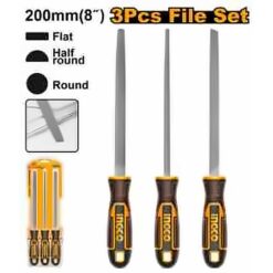 INGCO 3PCS STEEL FILE SET-FLAT, HALF ROUND, & ROUND 8" 200MM HKTFS1308